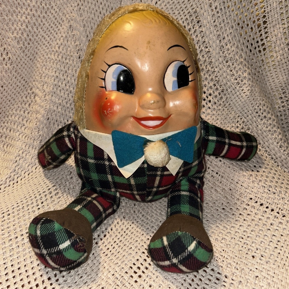 Vtg 1950s Knickerbocker-Style Humpty Dumpty Doll - Plastic Face, Plaid Baby P1